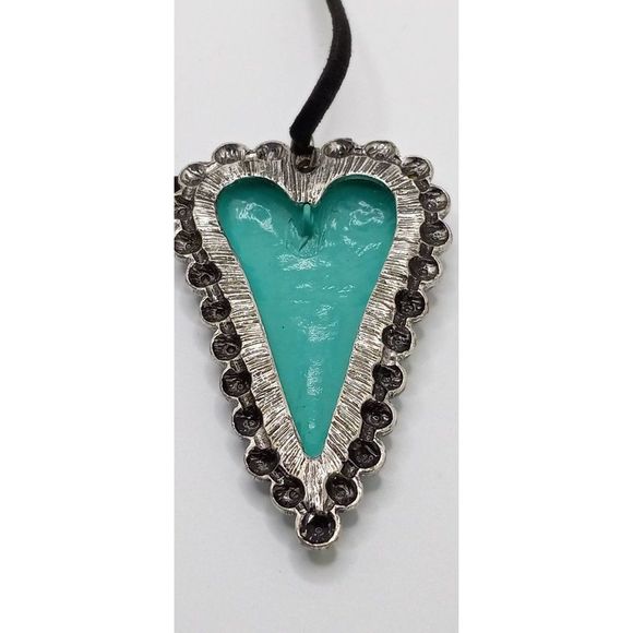 Large Artisan‎ Heart Pendant Rhinestones Silver Tone Statement 20" Long Necklace - Picture 3 of 7